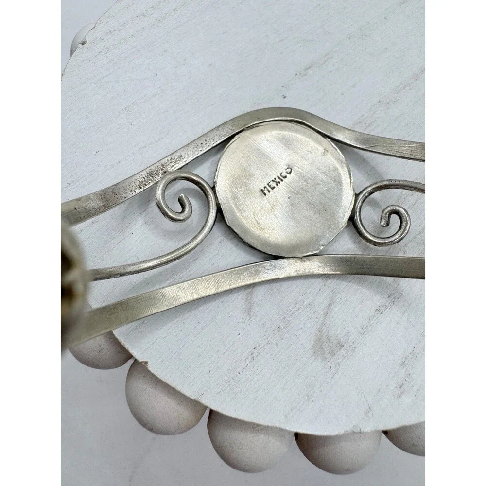 Vintage Alpaca Mexico Abalone Inlay Shell Cuff Bracelet Bohemian Chunky